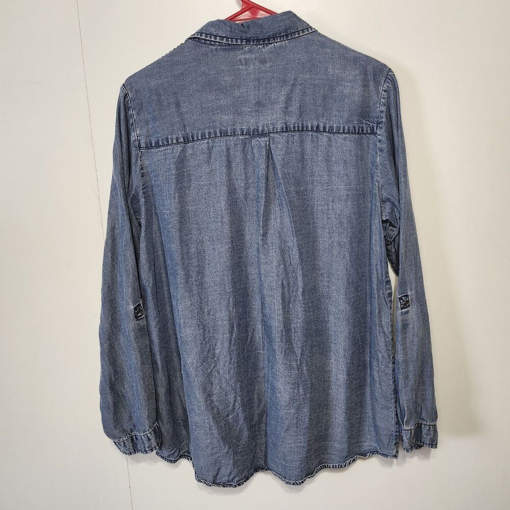 Love Fire Denim Shirt 0X Lyocell Button Down Rhinestone Shoulder Roll Tab READ - Picture 7 of 14